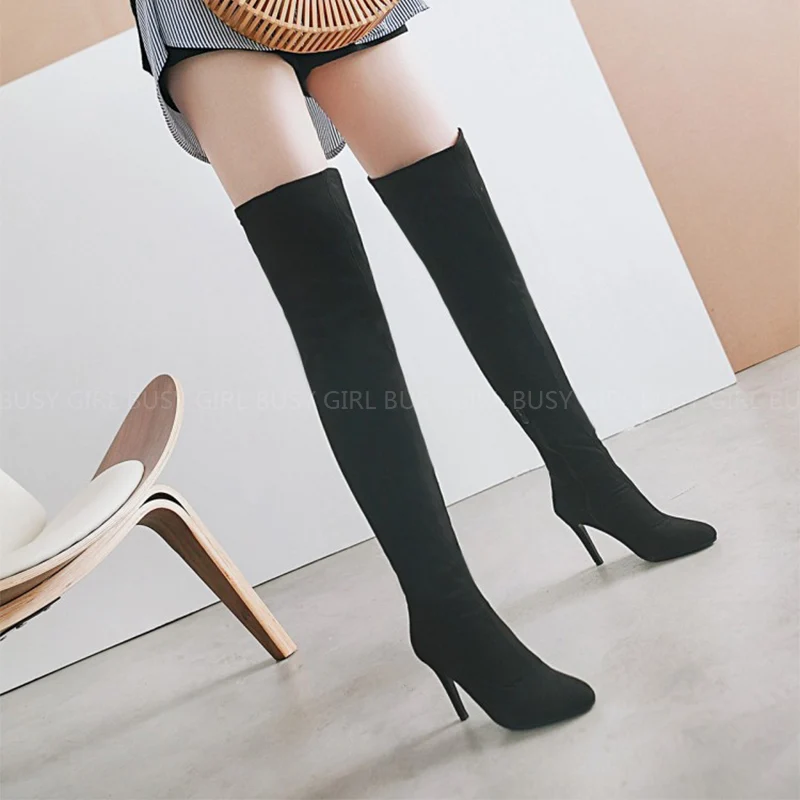 2022 European and American new women's boots autumn and winter elastic knee-knee boots, high-heeled pointed female boots