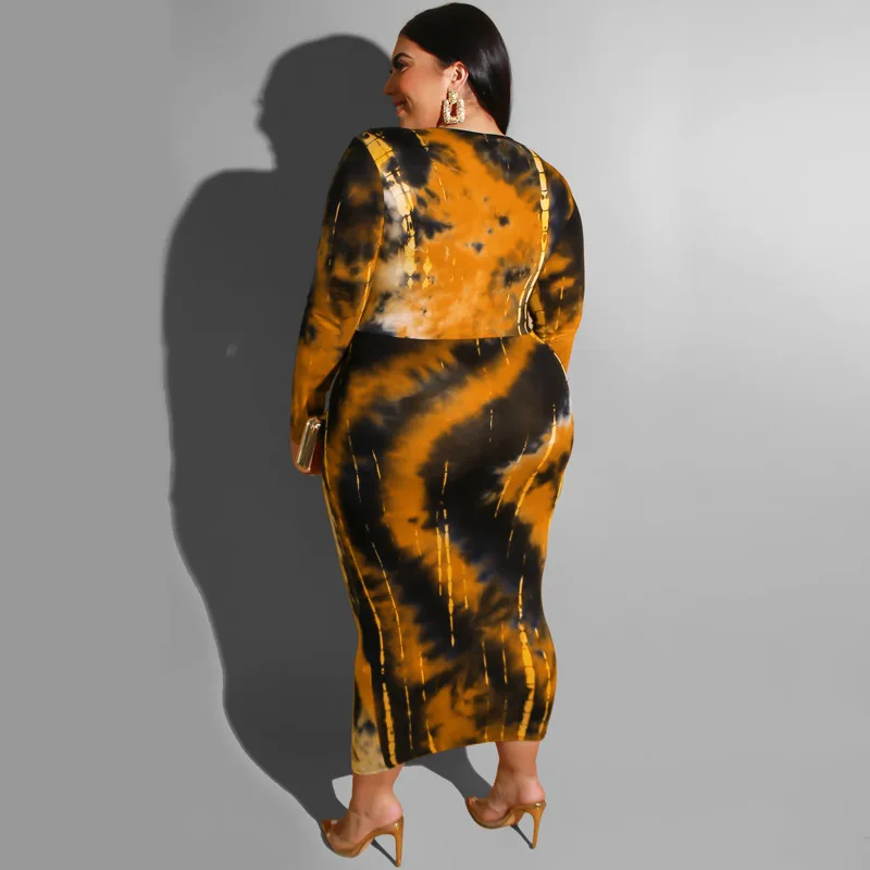 Midi Dress Plus Size 5XL Tie Dye Printed V Neck Tight Sexy Long Sleeve Calf Length High Waist Elegant Party Comfortable Fashion
