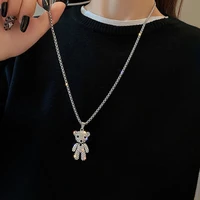 stainless steel bear necklace for women fashion double layer string beads chain shiny hip hop zircon bear pendant party jewelry