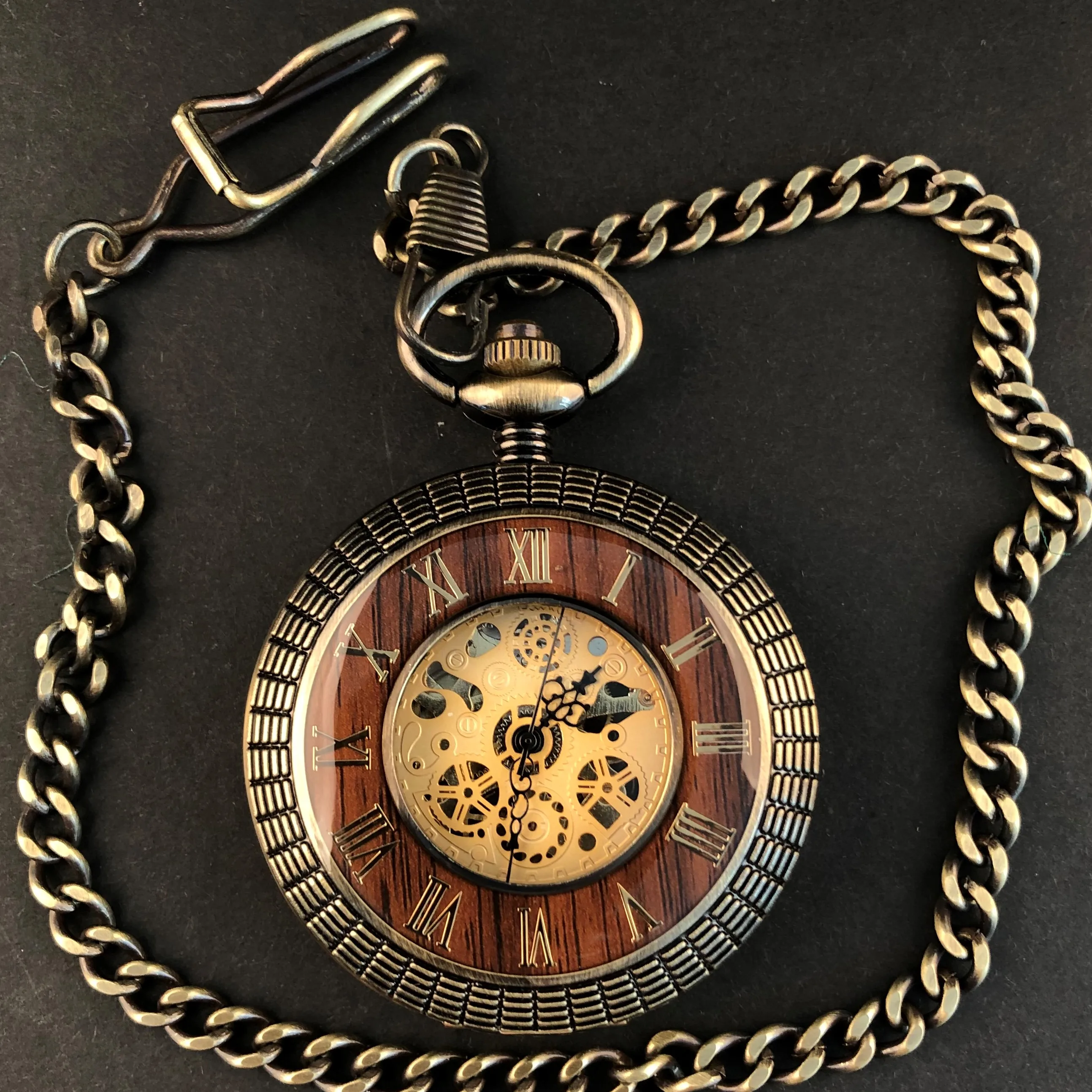 Antique Vintage Wood Men's Mechanical Pocket Watch Personality Collection Gift Steampunk with Chain Pendant Clock