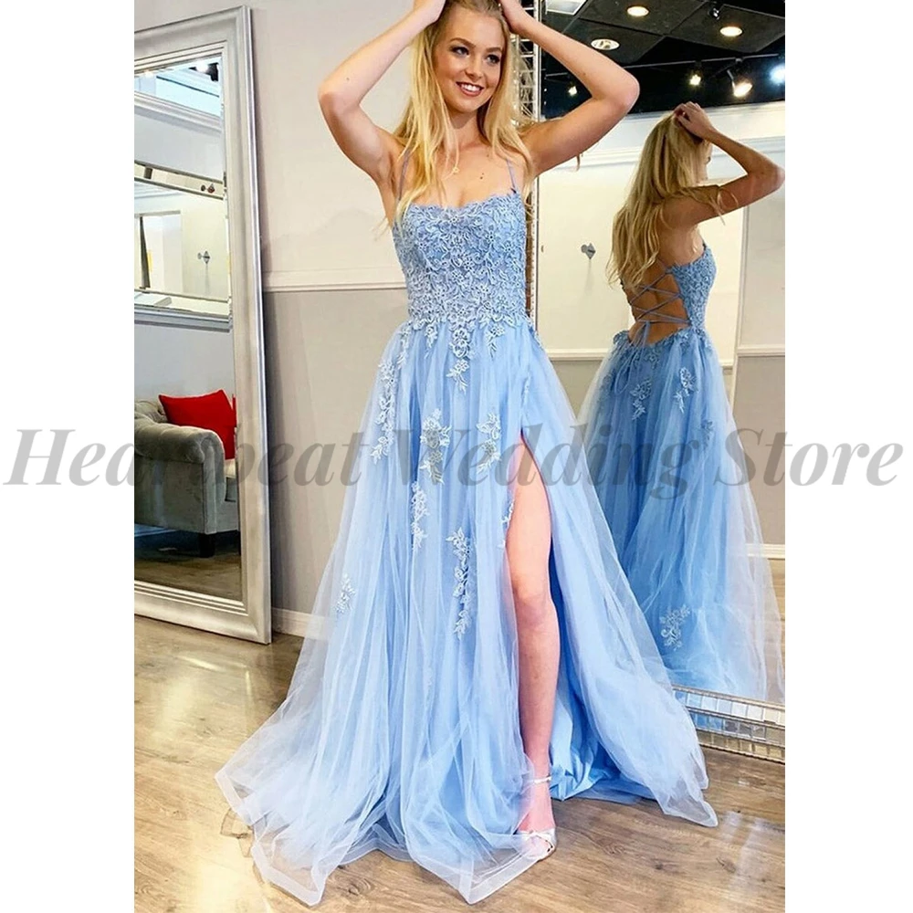 

Elegant Applique Lace Evening Dresses for Ladies A-Line with Court Train Tulle Criss-Cross Strapless Spaghetti Straps Sky Blue