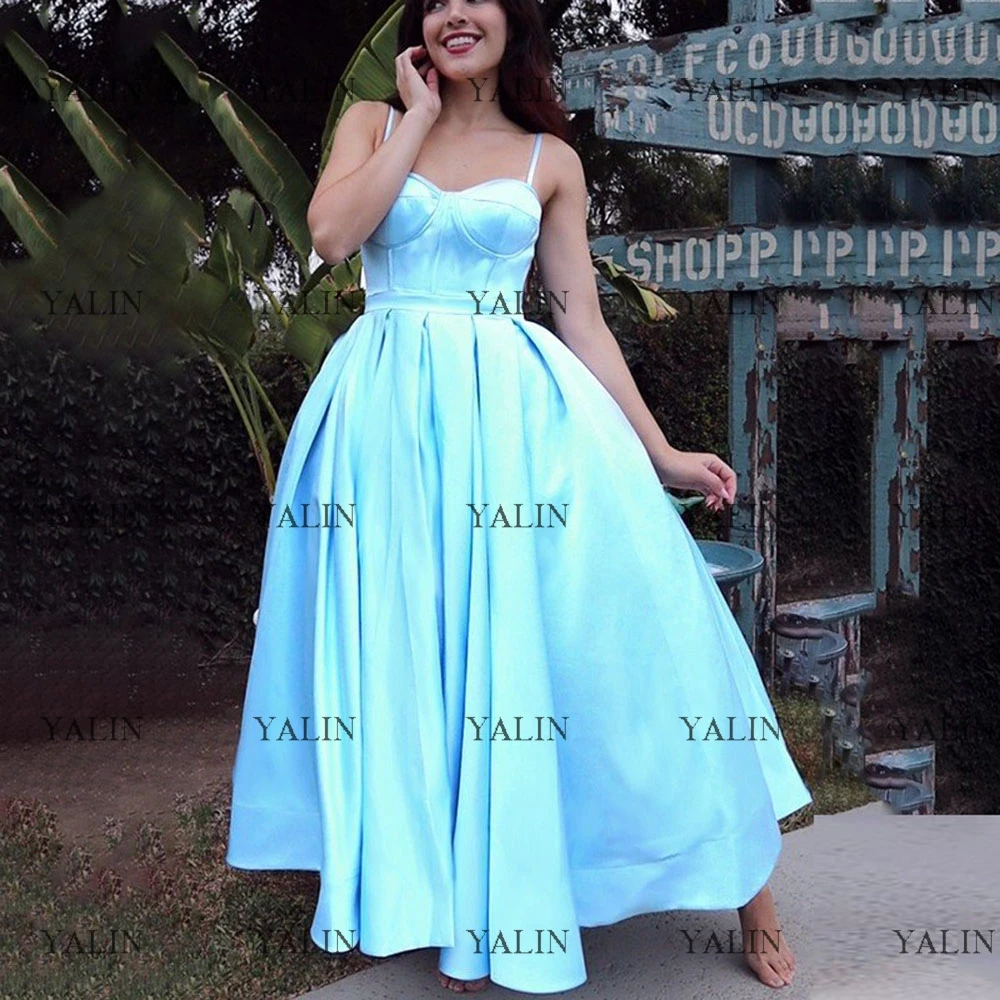 

YALIN Simple Strapless Backless Prom Dresses Tea-Length Satin Pleated A-Line Homecoming Gowns Short Light Blue Evening Dress
