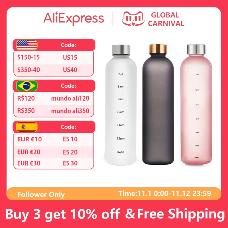 

1L Water Bottle With Time Marker 32 OZ Motivational Reusable Fitness Sports Outdoors Travel Leakproof BPA Free Frosted Plastic