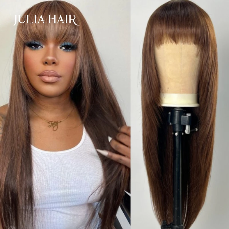 Julia Layer Cut Mocha Medium Brown Glueless Beginner Friendly Straight Wig With Bangs Wear and Go Cap Soft & Smooth Virgin hair
