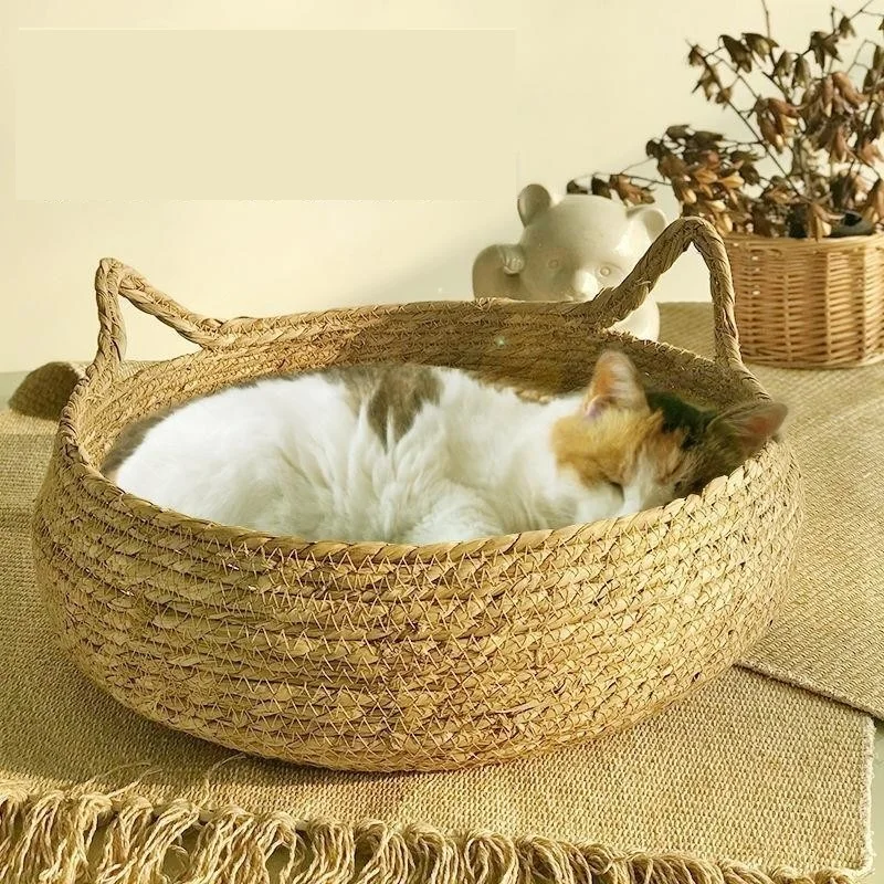 

Four Seasons Cat Bed Woven Removable Upholstery Sleeping House Cat Scratch Floor Rattan Washable Cats Pet Products Accessories
