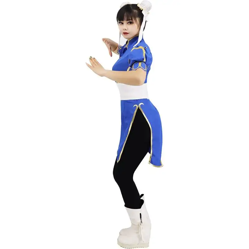 Women's Chun Li Cosplay Costume Bodysuit with Bracelet and Hair Ties Blue Cheongsam Dress Belt Headgear With Women Girls Clothes