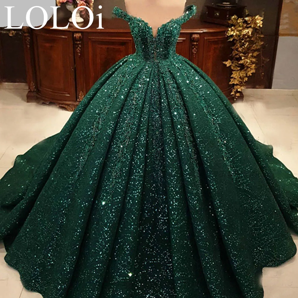 

LOLOi Arabic Green Sequins Beading Wedding Dress Off Shoulder Lace Evening Party Gowns Sweep Train Muslim Customize