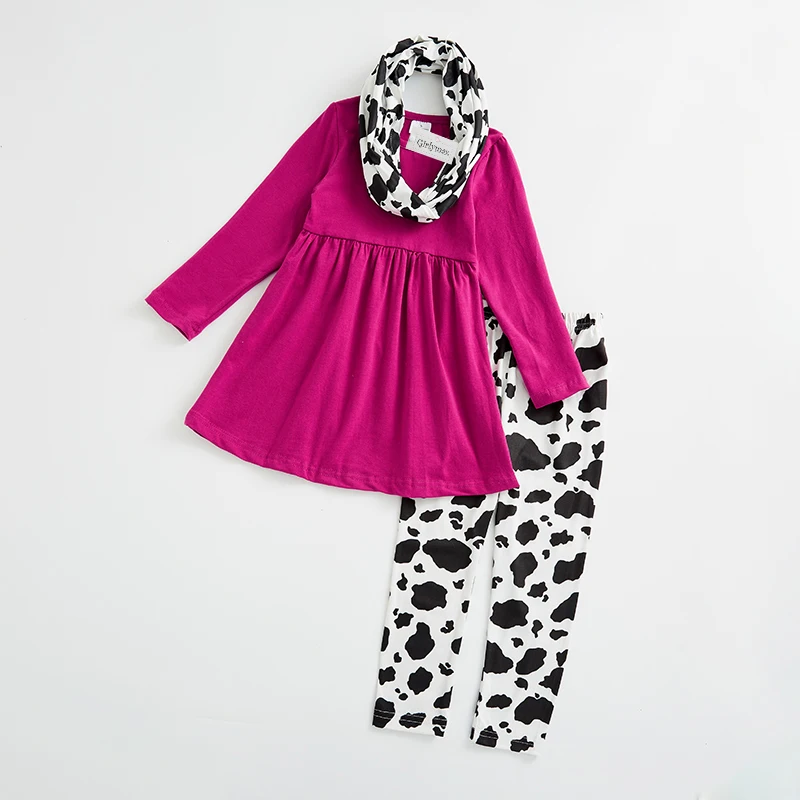 

Girlymax Fall/winter Baby Girls 3 pieces Scarf Children Plum Cow Print Cotton Milk Silk Outfit Boutique Pants Set Kids Clothing