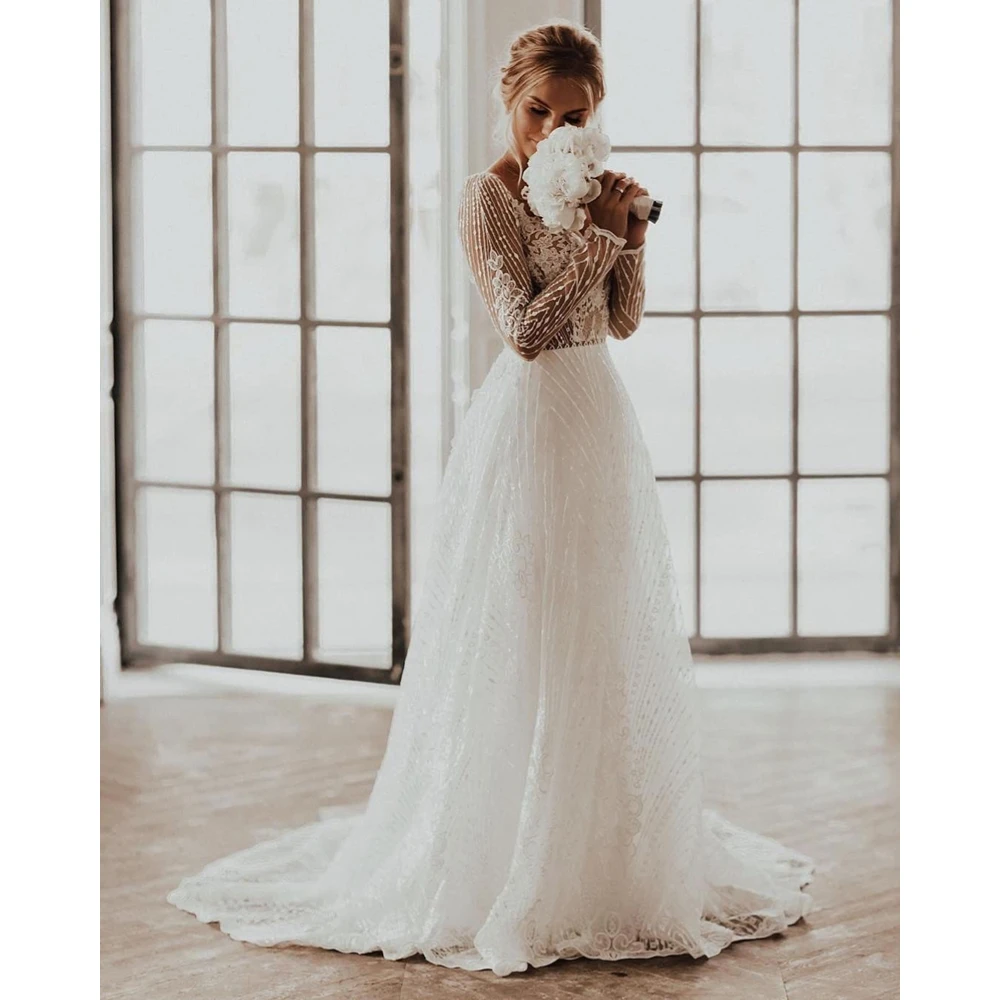 

Charming Ivory A Line Wedding Dresses Elegant Appliques Long Sleeves Sweetheart Bridal Gowns Sexy Open Back vestido de novia