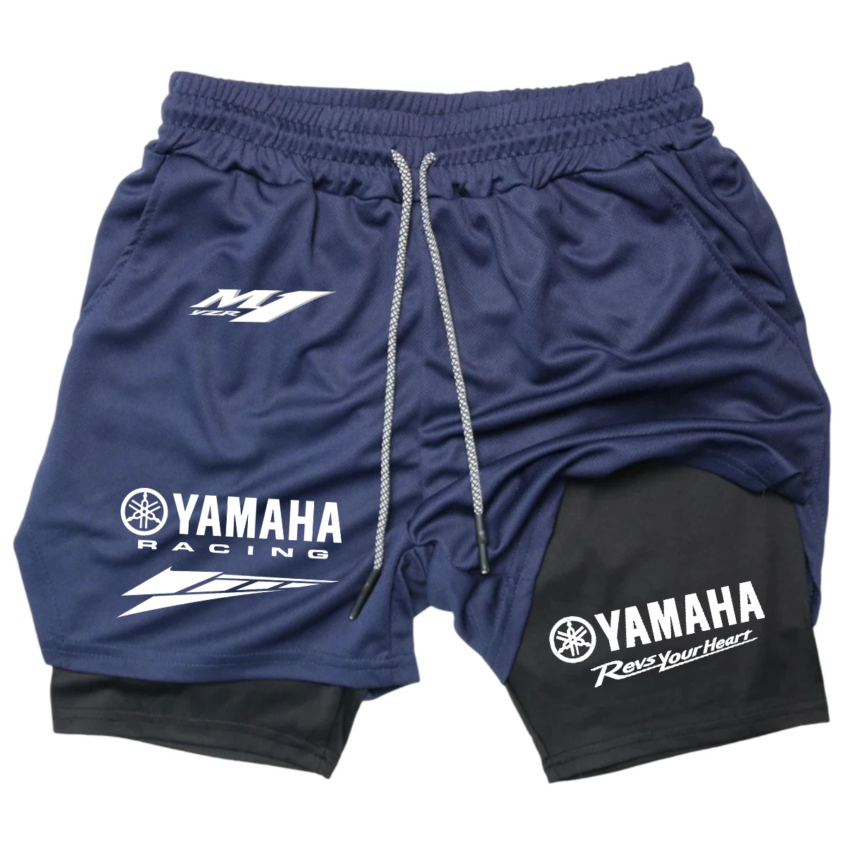 Фото Мужские летние беговые шорты YAMAHA Racing Team 2-в-1, двухслойные, для спортзала, удобные, дышащие, спортивная одежда для активного отдыха №3