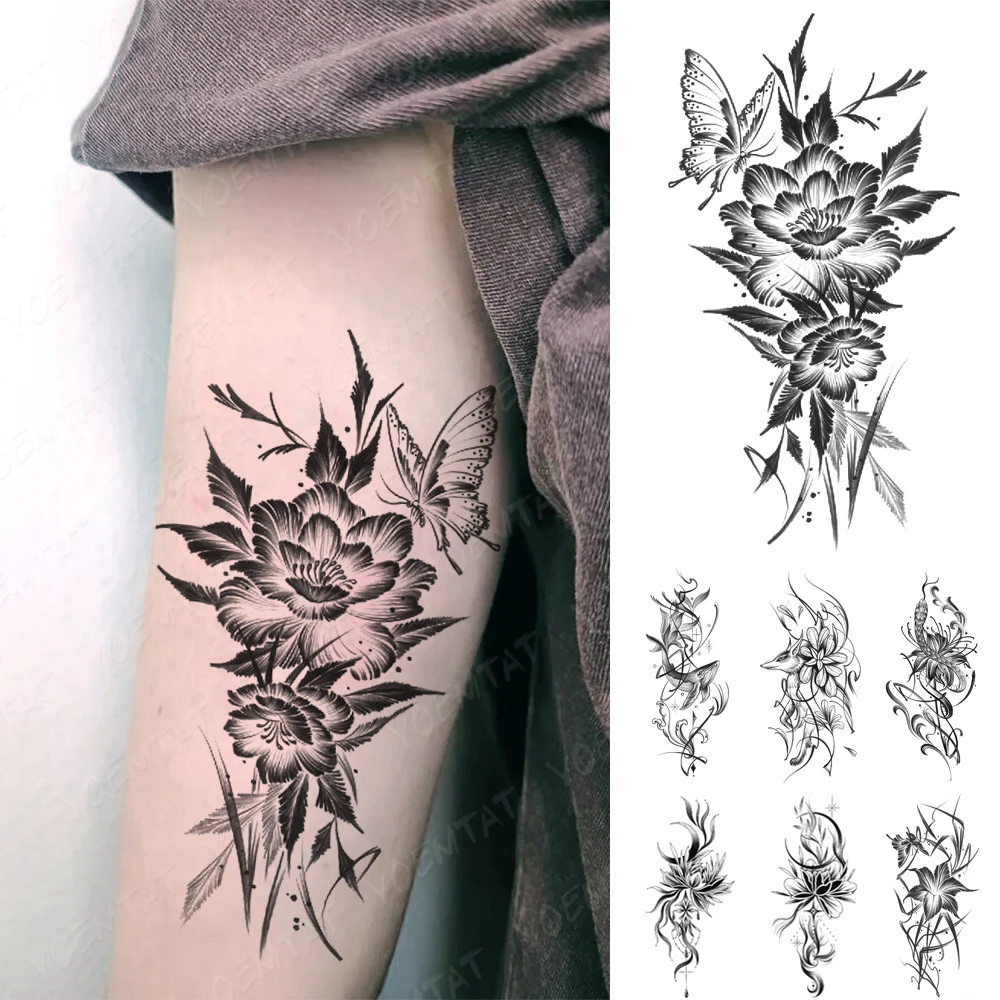 

Waterproof Temporary Tattoos Sticker Sexy Black Peony Butterfly Arm Flower Fox Snake Flash Tatoo Women Men Body Art Fake Tattoo