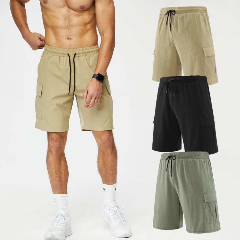 

Men Running Short Cargo Pocket Khaki Jogging Fitness Gym Loose Five Point Pants 2023 Summer Casual Tennis Training Sportwear