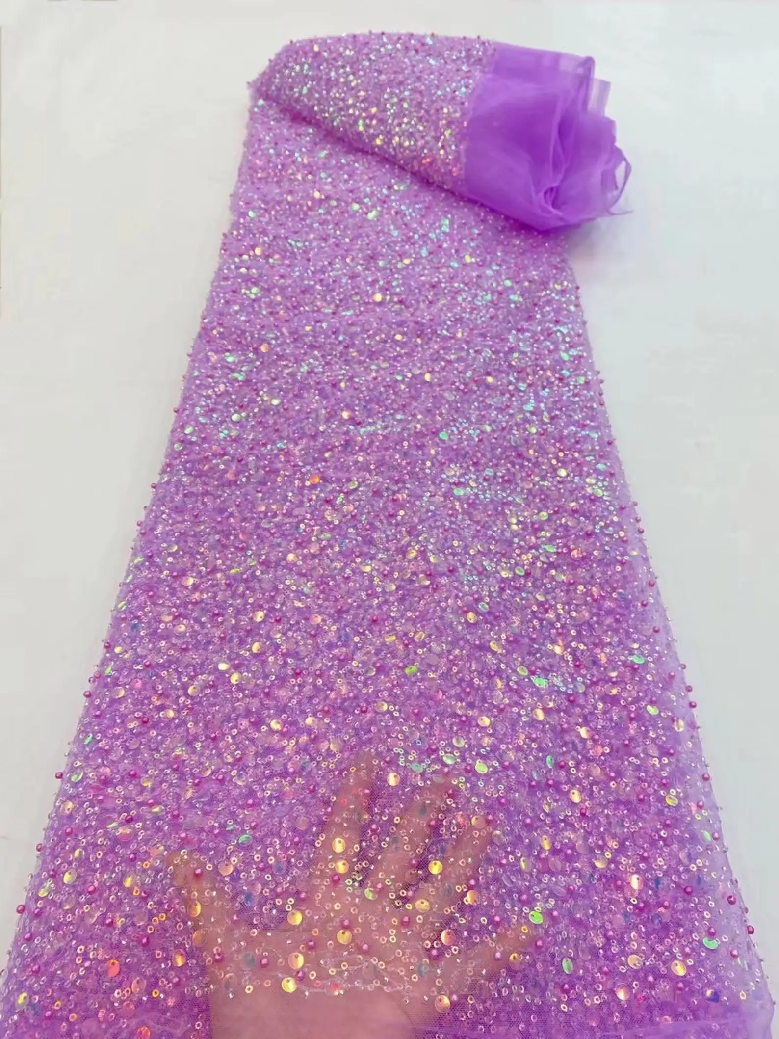 1 Yard Light Purple Bead Lace Fabric Sparkle French Bead Lace Fabric with Sequins Sequin Fabric for Dress, Couture, Costume