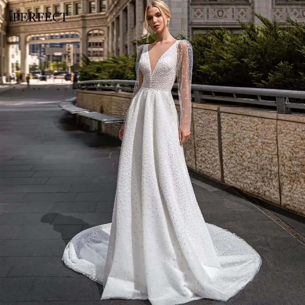 

PERFECT Modern V-Neck A-Line Wedding Dresses Long Sleeves Backless Dot Tulle Bridal Gowns Court Train Robe De Mariée Custom Made