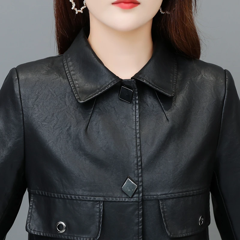 Women's Faux Leather Jacket Long Sleeve Button Front Cropped Outerwear Casual Shirt Blazer Coat  with Bust Pocket