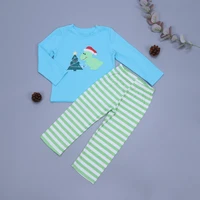 autumn clothes blue long sleeve top and green striped trousers christmas tree and dinosaur embroidery pattern boys clothes
