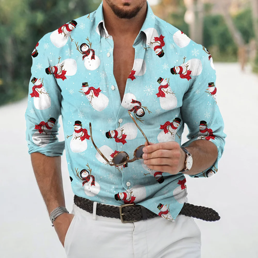 2022 New Christmas Theme 3D Printing Men's Button Shirt Fashion Long Sleeve Shirt Holiday Party Top New Year Street Dress