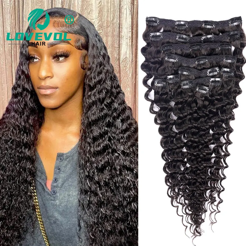 LOVEVOL Deep Wave Clip in Hair Extensions Human Hair 120g 10pcs with 22Clips 9A Double Weft Remy Human Hair Clip In Extensions