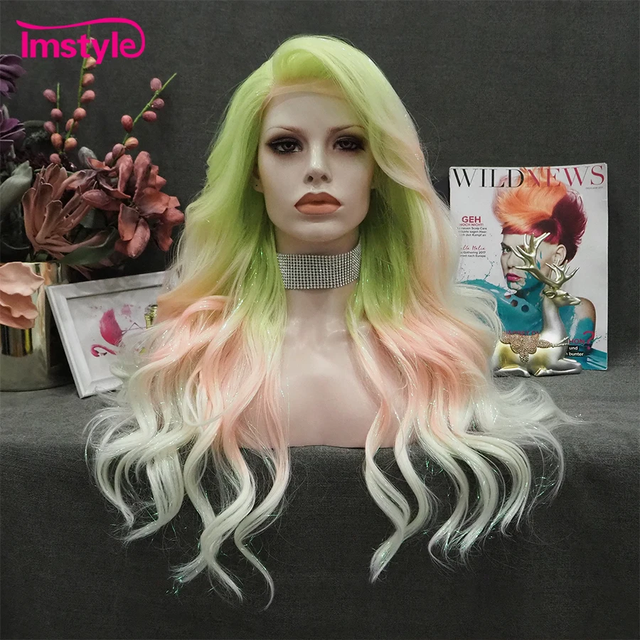 

Imstyle Tinsel Wig Ombre Green Pink Wig Synthetic Lace Front Wig Long Wavy Wig For Party Drag Wig