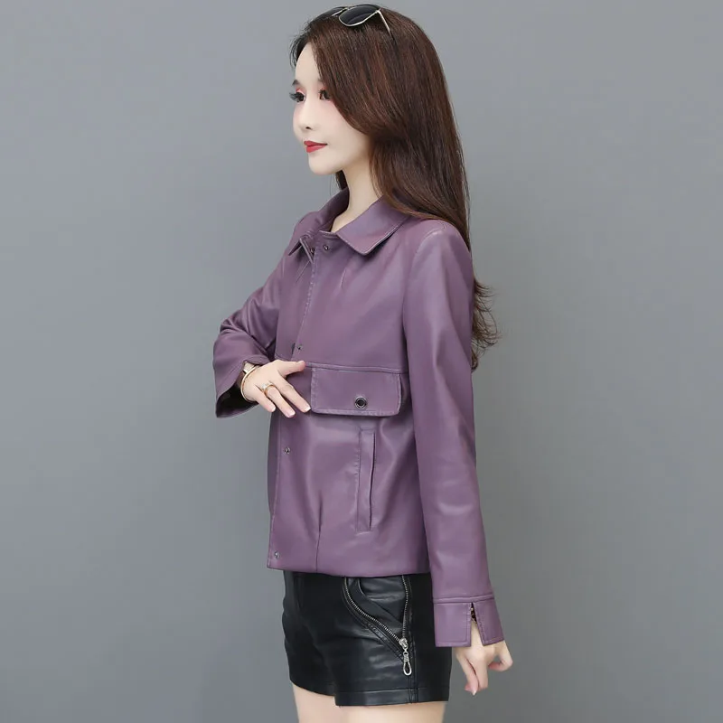 Women's Faux Leather Jacket Long Sleeve Button Front Cropped Outerwear Casual Shirt Blazer Coat  with Bust Pocket