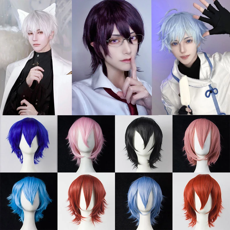 XGFashion Men's Short Wig Gold Synthetic Band Bangs High Temperature Fiber Wig Cosplay Band Long Hair Tail Party Anime Halloween