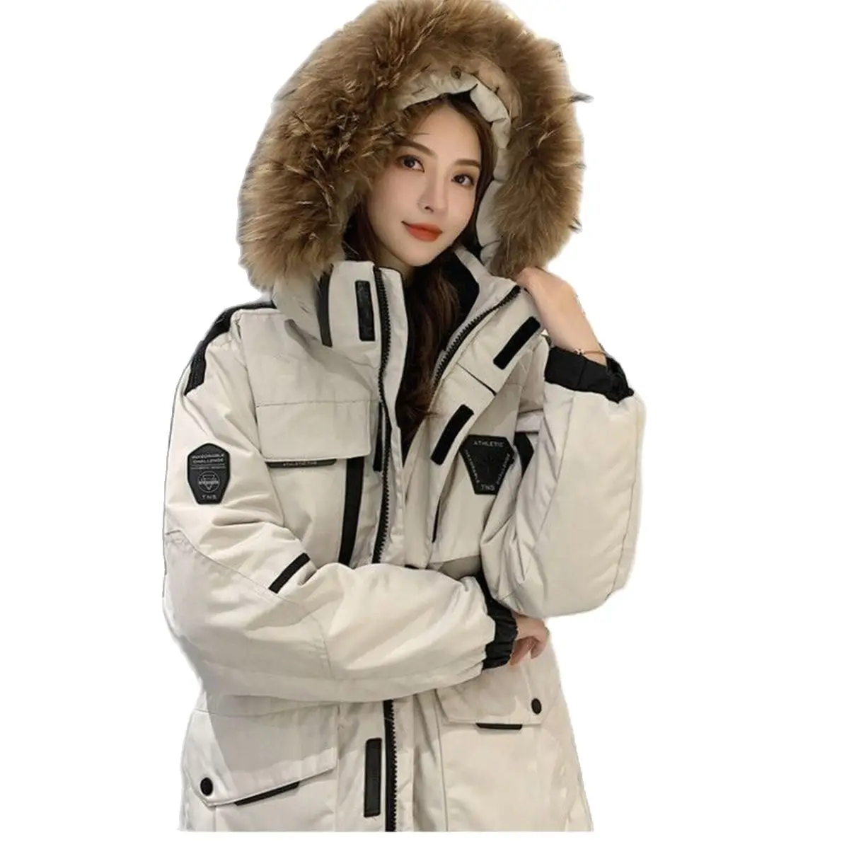 

Пуховик женский короткий, рабочая одежда, куртка на белом утином пуху, хлопковый топ с воротником из натурального меха, воротник из натурального меха енота, черный, y2k на молнии