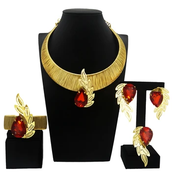 Dubai 24k Gold Jewelry Woman Ring Accessories Inlaid Red Gemstone Jewelry Set African Bridal Wedding Necklace Set Yll