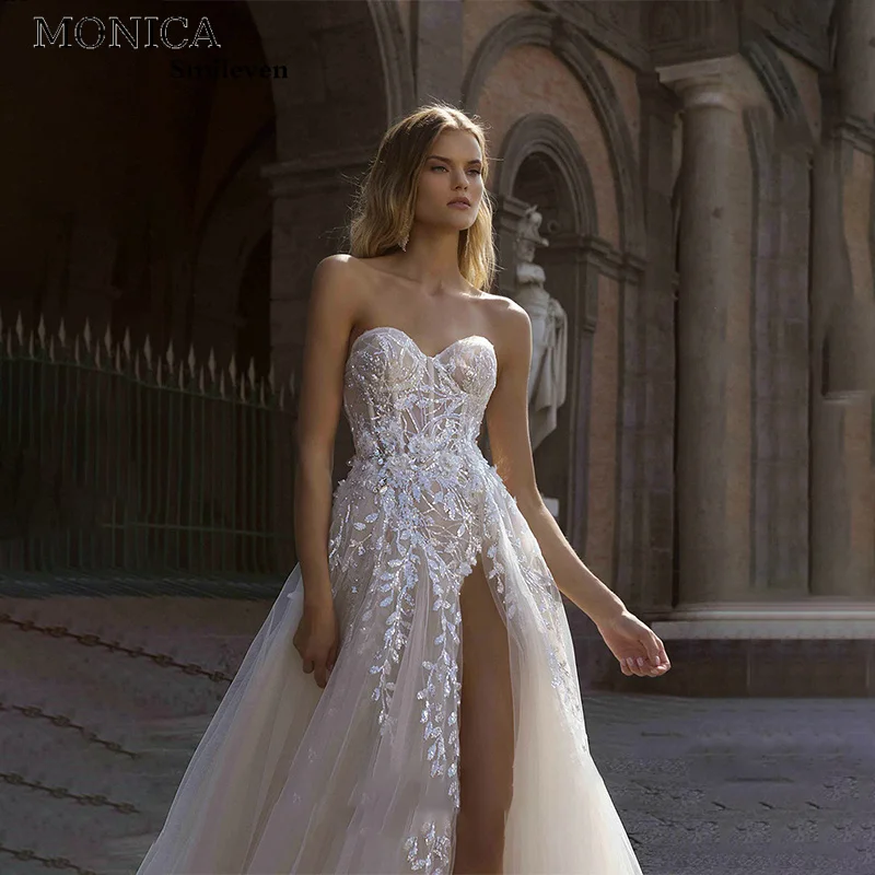 

MONICA A-LINE Wedding Dress 2022 Strapless Sleeveless Appliques Bride Gown Floor-Length Court Train Vestido De Novia Custom Made