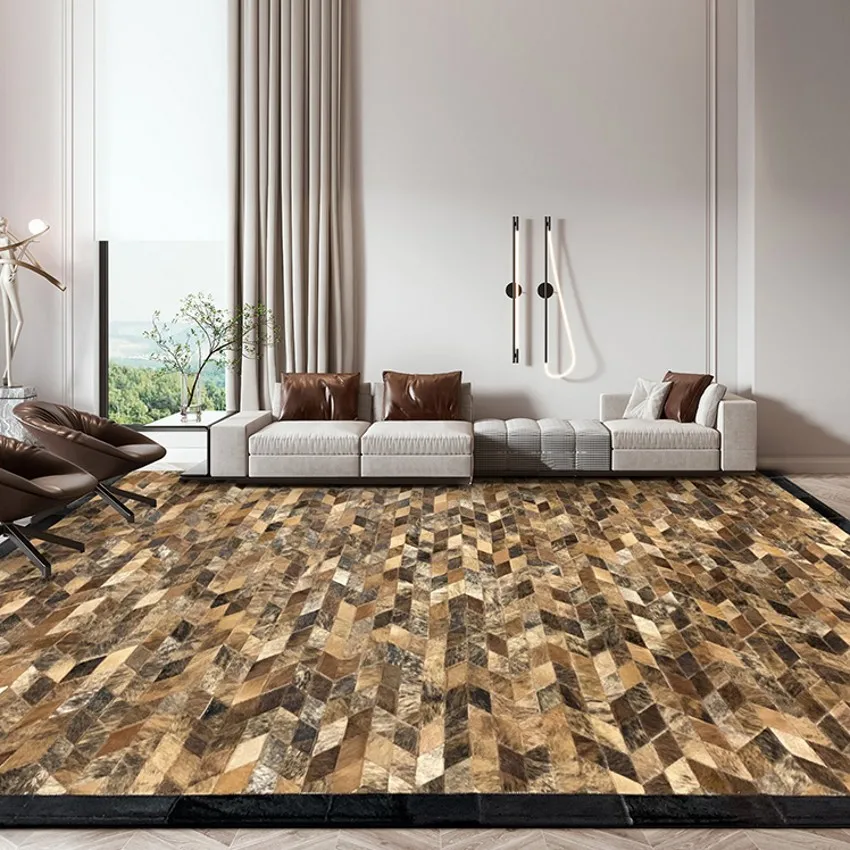 

Big size luxury cowhide skin fur patch work rug , American style cow skin chequer decoration living room carpet, villa rug