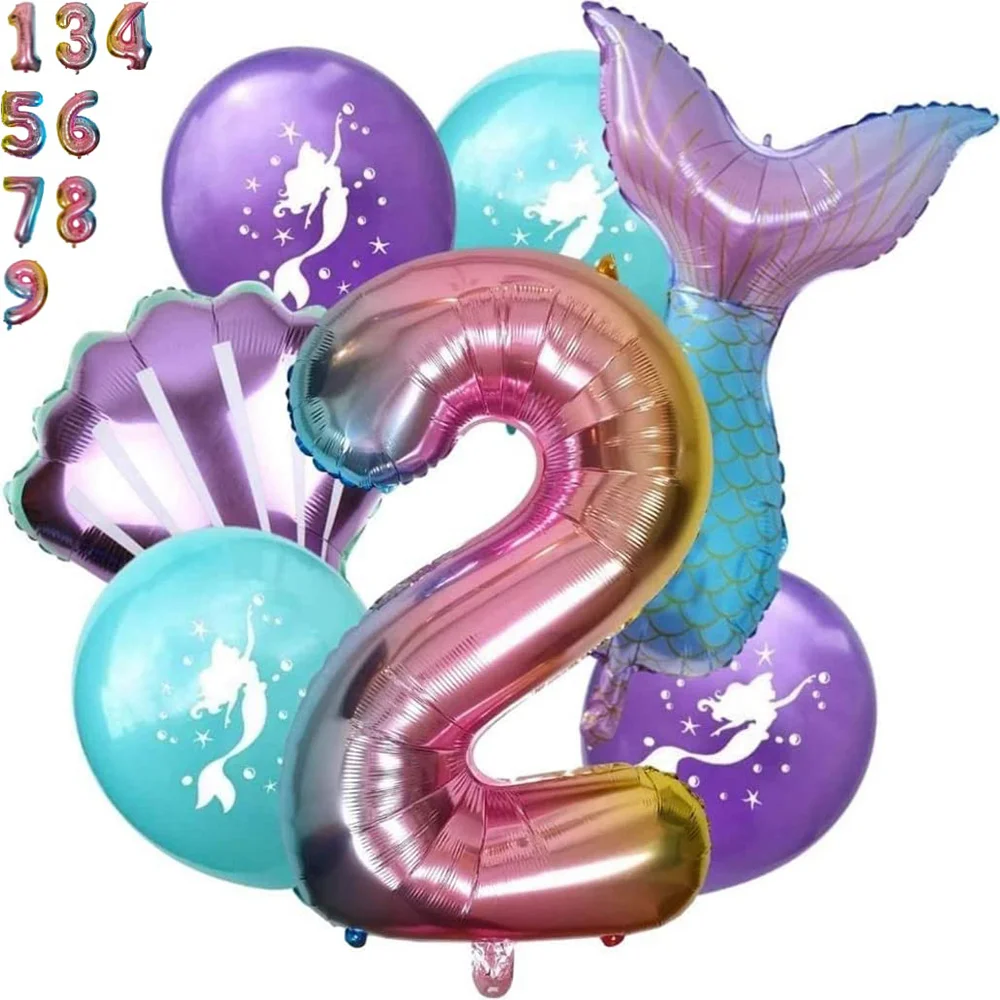 

7PCS Set Mermaid Birthday Party Decorations Number 23467 Balloon Pink Rainbow Mermaid Balloons Under the Sea Party 2th Birthday