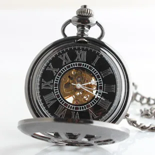 Unisex Vintage Charm Black Pocket Watches Mechanical For Men Hollow Skeleton Hand Wind Steampunk Pendant Chain Fob Watches