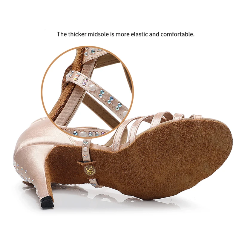 Women Stain Silk Pearl Crystal Latin Dance Shoes Girls Nude Samba Ballroom Salsa Shoes for Dancing Woman Strappy Latino Shoes