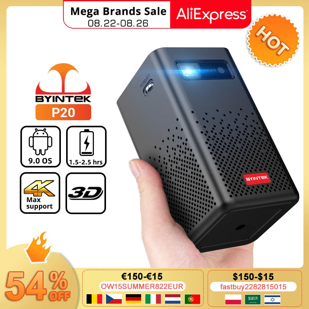 Popular BYINTEK P20 Mini Portable Pico Smart Android Wifi Screenless TV LED DLP Projector 4K 1080P for Mobile Phone Smartphone