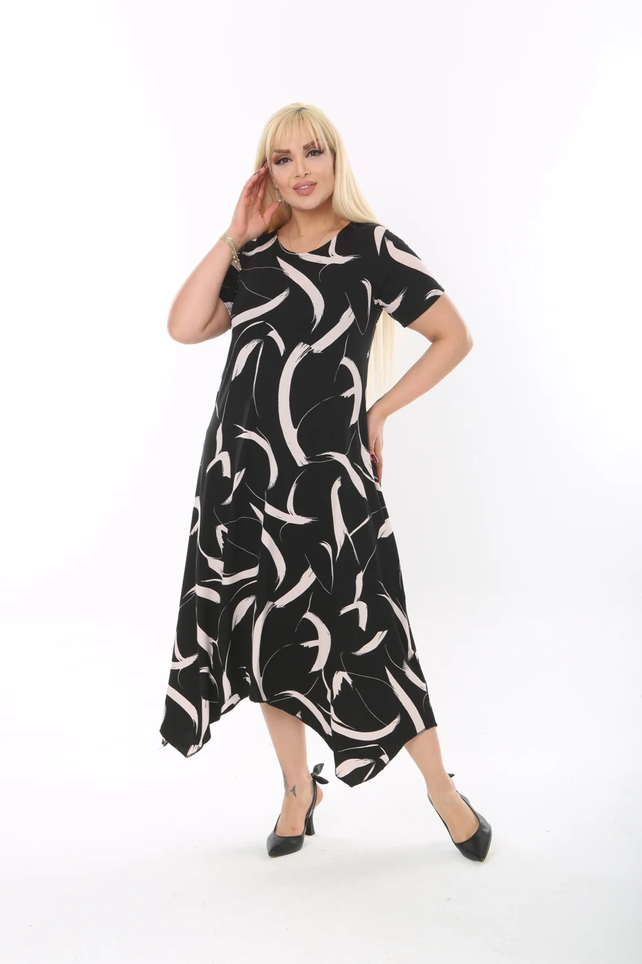 

Plus Size Women Dresses 2023 Casual Asymmetrical Clothing White Fur Pattern Ankle-Length Lycra Knitted Viscose Made in Turkey