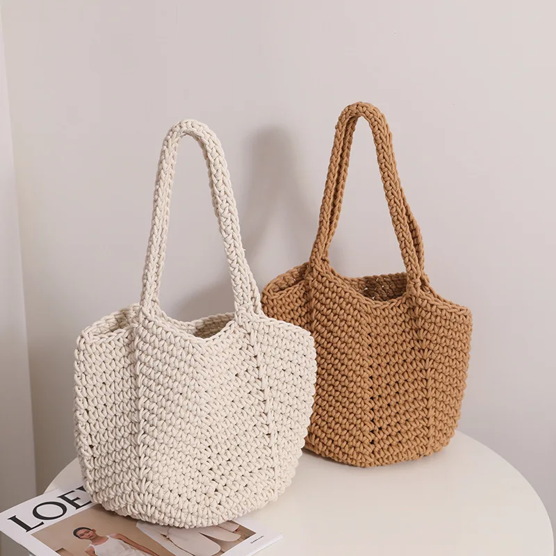 Japan Korean Retro INS Shoulder Bag Cotton Thread Woven Bag New Hook Needle Knitted Handbags Seaside Holiday Beach Bag