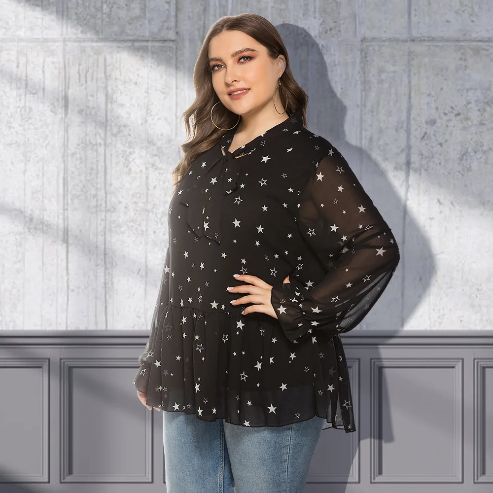 

Plus Size Women Chiffon Blouse Chubby Shirt Bow Tie Collar Long Sleeve Start Print Casual Fashion Woman Large Size Blouses 2022