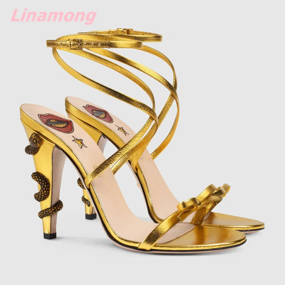 

Sexy Summer Newest Women Sandals Round Toe Thin High Heel Comfortable Solid Tape Ankle BuckleSnake Fashion Leather Party Shoes