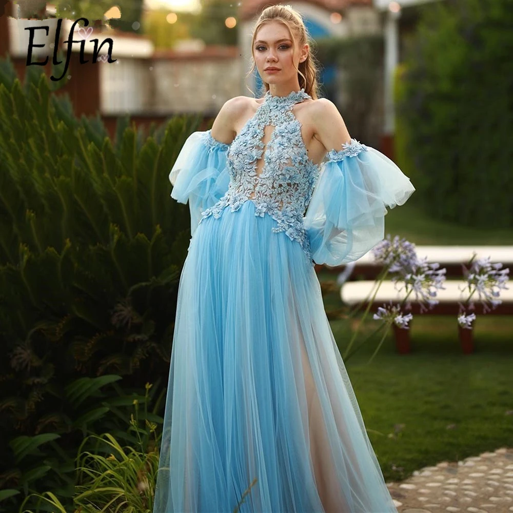 

Elfin Sky Blue Champagne Prom Dresses Floral Print Lace Beaded Halter Evening Party Gowns Removable Long Puffy Cocktail Dress