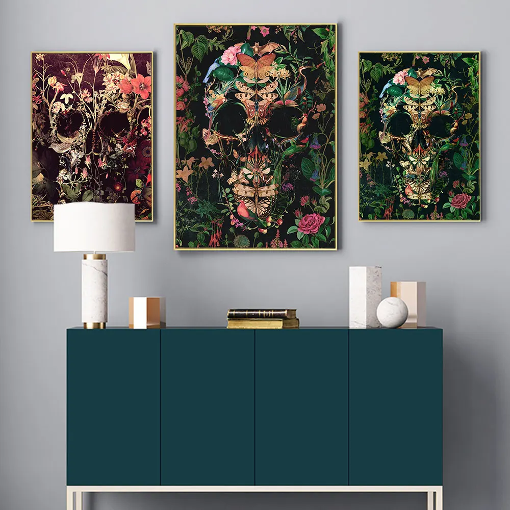 

Retro Poster Flower Skeleton Skull Canvas Painting Fashion Butterfly Leaves Bar Wall Art Pictures living Room Home Decor Mural
