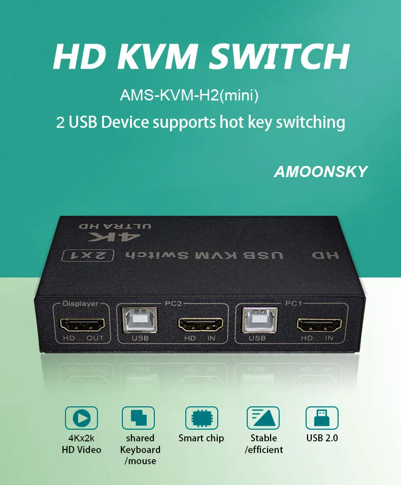 USB KVM-H2 2 в 1 выход Ultra HD видео переключатель KVM 4K/30Hz для совместного использования клавиатуры и мыши принтера