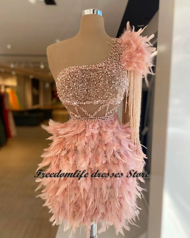 

Luxury Peach Feathers Cocktail Dresses For Woman Party Beading vestidos formales Short Prom Gowns vestidos de fiesta