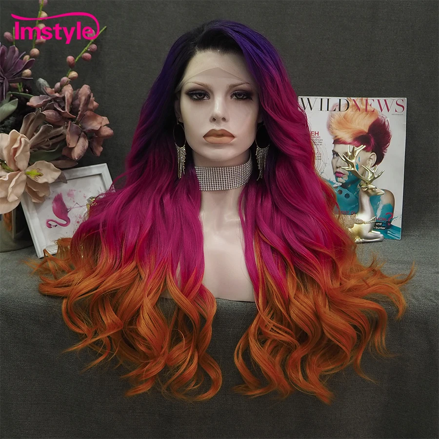 Imstyle Ombre Synthetic Lace Front Wig Multicolor Purple Wigs For Women Heat Resistant Fiber Long Wavy Lace Wig Party Wig