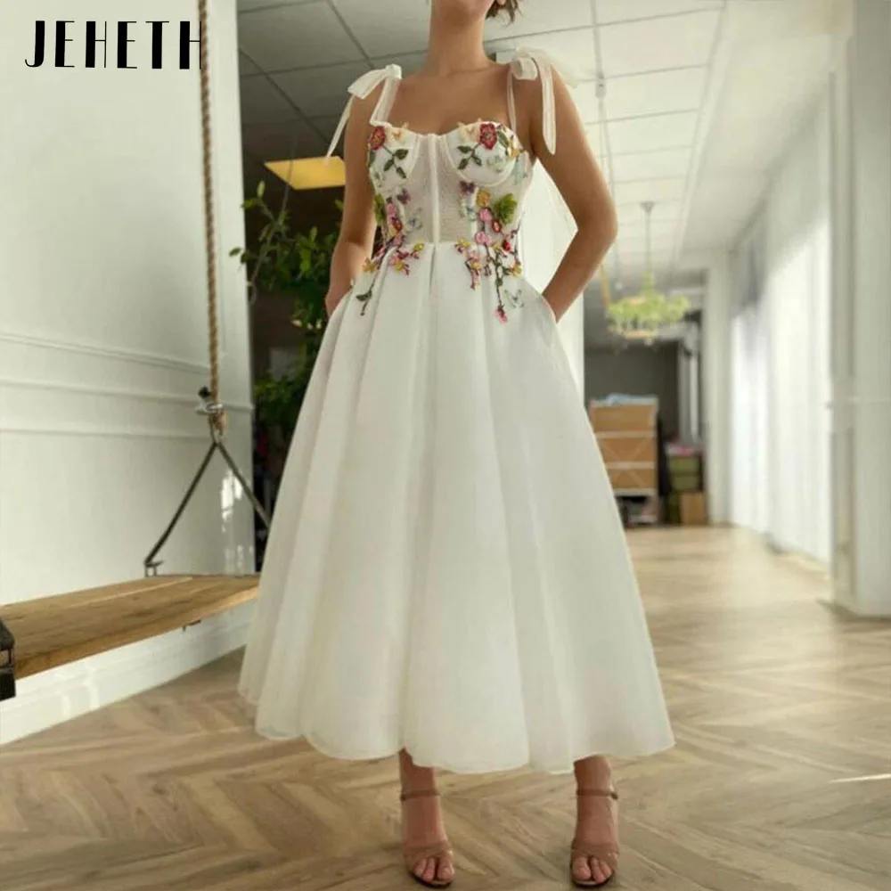 

JEHETH Vintage Flowers Tulle Pastrol Prom Dresses Spaghetti Straps Sweetheart Party Gown with Pockets Ankle Length Vestidos