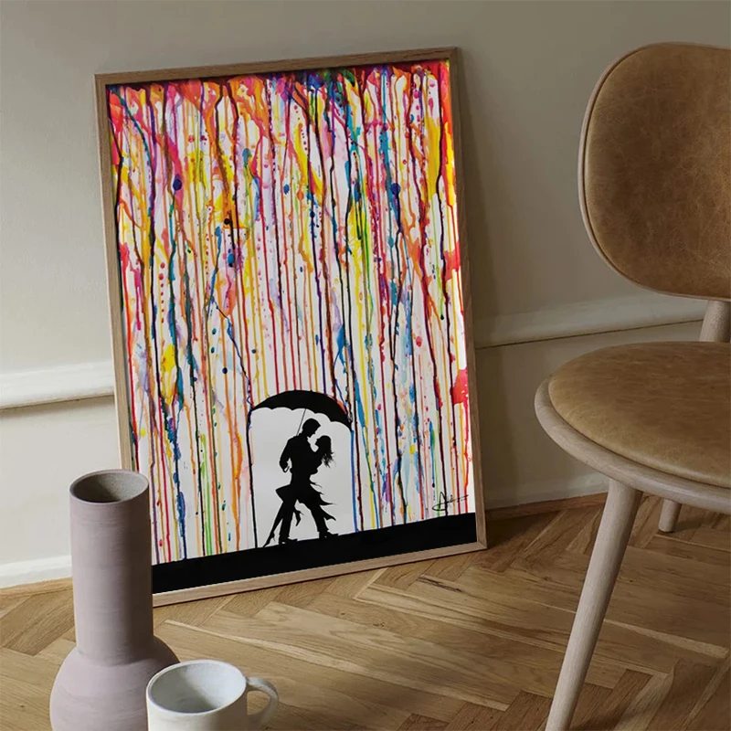 

Abstract Lady With Unbrella Canvas Painting Print Graffiti Colorful Rain Landscape Wall Art Picture Living Room Home Decor