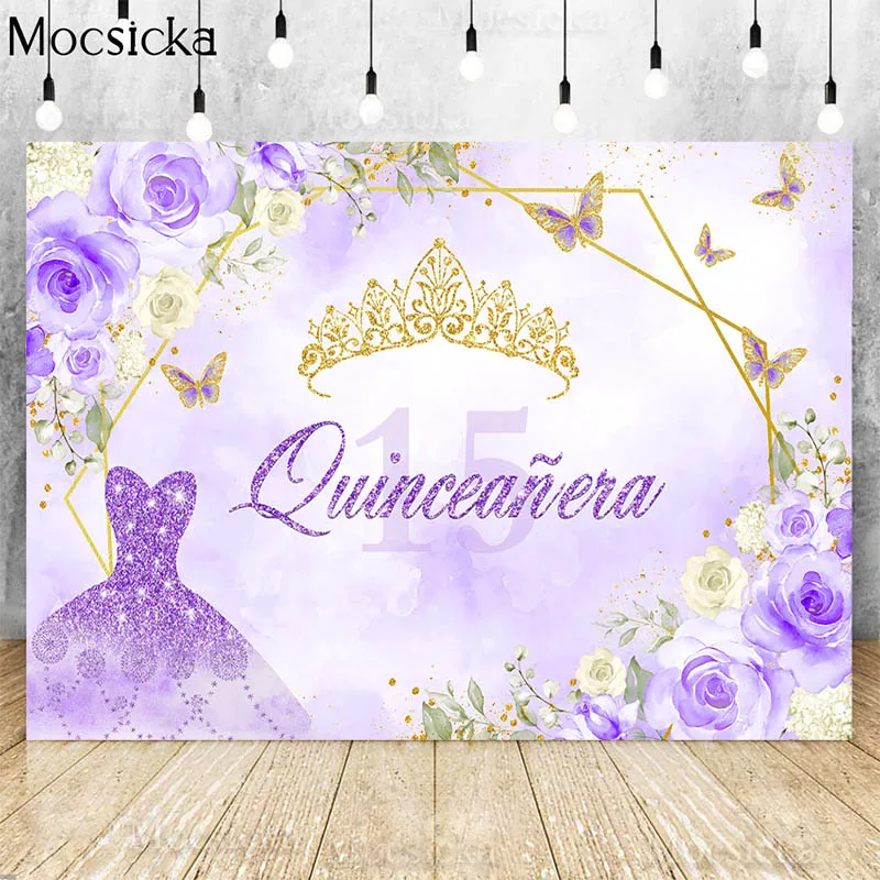 Quinceanera 15th Princess Birthday Party Backdrop Sweet Girl Purple Dress Butterfly Flowers Glitter Crown Decor Photo Background