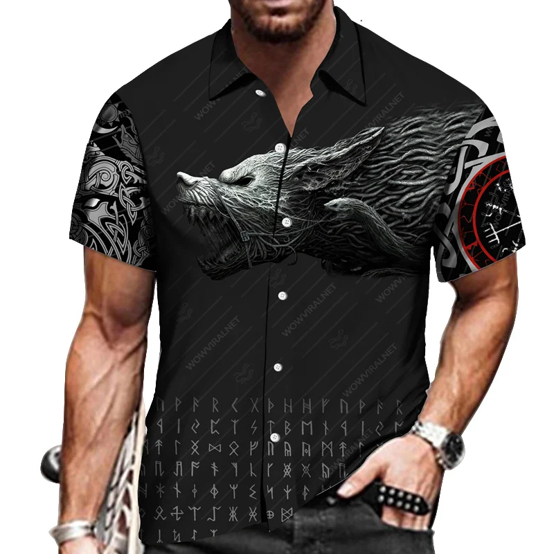 

Summer Men's Short Sleeve Lapel Shirt Cool Wolf 3D Print Loose Tops Casual Single-Breasted Hawaiian Shirts Hip Hop Male Clothing