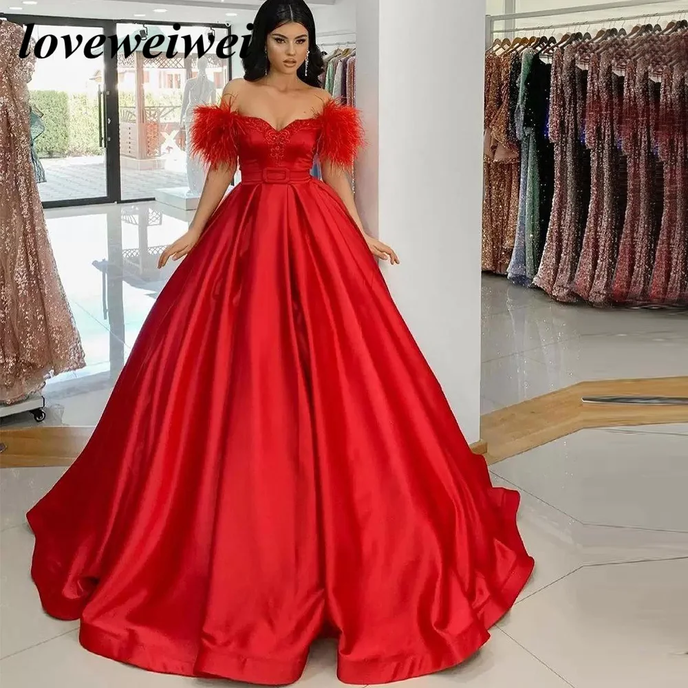 

Arabic Dubai Red Satin Prom Dress Feather Off Shoulder Women Party Night Evening Gowns Pleats Ruffles Customized Robe De Soiree