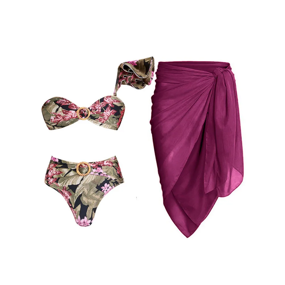 

Vintage Print Sexy Slim Gathering Micro Bikini Suit Shoulder Ruffle Swimsuit Backless High Waist Two-Piece Beachwear 2022