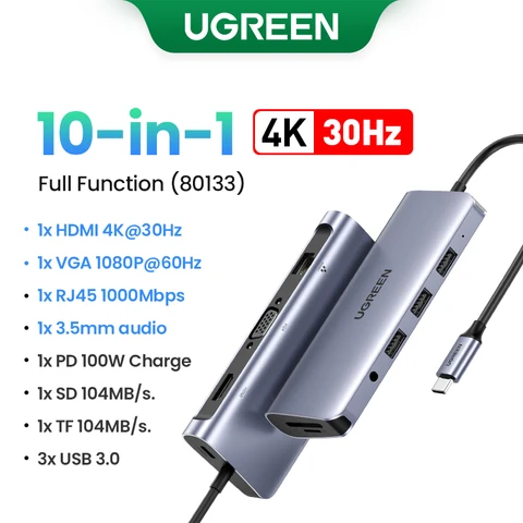Ugreen Dual HDMI USB Hub 8K HDMI Адаптер 10 в 1 сплиттер с RJ45 USB 3.0 PD 100W Dock для MacBook Pro Air M2 M1 USB C Hub