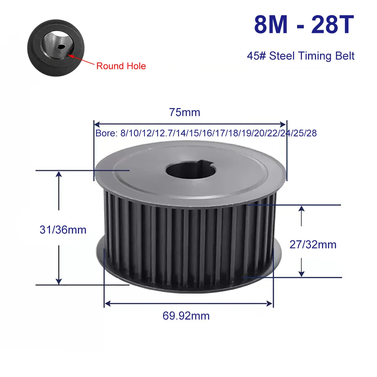 

HTD8M 28 Teeth Synchronous Pulley 45# Steel Slot Width 27/32mm Industrial Transmission Pulley AF 5M-28T Timing Belt Pulley